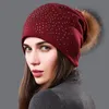 Beanie/Skull Caps Cashmere wol slouchy gebreide beanie voor vrouwen winter zachte warme schedel met strass en natuurlijke bont ball hoeden pros22