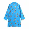 Women Vintage Chic Birds Printed Blue Long Blouses Elegant Fashion Lapel Collar Shirts Female Chic Tops 210520