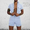 Cotton Jumpsuit Mens Overalls Casual Lapel Sleeve Rompers Solid Color Overall Single Breasted Romper Short Pants231m