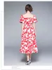 Summer Red Floral Elegant Boho Midi Dresses Women Square Collar Puff Sleeve Vintage Belt Vacation Dresses 210518