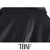 TRAF Women Fashion Faux Leather Oversized Asymmetric Jacket Coat Vintage Lantern Sleeve Female Outerwear Chic Tops 210415