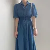 Korea Chic Fashion Casual Lapel Single Breasted High Waist Short Washed Sleeve Blue Denim Dress Women Summer 16W1395 210510