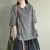 Summer Arts Style Vrouwen Korte Mouw V-hals Tshirt Katoen Linnen Plaid Vintage Tee Shirt Femme Casual Losse Tops Plus Size S873 210512