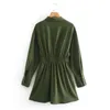 ZA tie cintura camisa vestido mulheres manga longa curtir gola exército verde atadura mini vestidos 210602