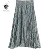 Fansilanen Blommigryck Lång pläterad kjol Kvinnor Fälls Elegant Boho Sommarstrand Holiday Elastic High Waist Kvinna 210607