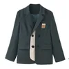 [EWQ] Autumn Female Office Lady Notched Collar Long-sleeved Single Breasted Patchwork Green Minimalist Blazer Coat 8P088 211019