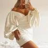 Günlük Elbiseler Seksi Kapalı Omuz Kadın Elbise Yaz Zarif Katı V Yaka Uzun Kollu 2021 Bodycon Saten House Of Cb Mini