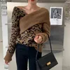 Autumn Winter Women Sweater Ladies Jumper Korean Joker Leopard Loose Sexy Turtleneck Off The Shoulder Knitted Pullover Tops 210513