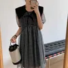 French Black Vintage Patchwork Plaid Slim Princess Party Geometric Casual All Match Femme Chic Long Dresses Vestidos 210525