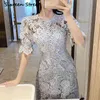 Blue Lace Dress Woman Summer Puff Sleeve Hollow Out Vestido Runway Design Mid-calf Dresses Female Short Party 210603