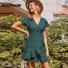 Yaz Polka Dot V Boyun Casual Bir Çizgi Flare Kısa Kollu Zarif Wrap Mini Elbise Ruffles Sundress Vestidos 210413