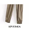 Mulheres chique moda bolsos laterais jogger calças vintage alta cintura elástica cordão feminino tornozelo calças mujer 210416