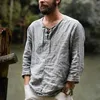 Fashion Men's Linen V Neck bandage T shirts Male Solid Color Long Sleeves Casual Cotton tshirt Tops M-3XL