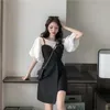 Estilo coreano Ocio Mangas cortas Top de gasa Cintura fresca Hugging Vestido de peto Traje de dos piezas para mujer Trajes de moda de verano Blazers