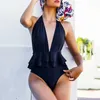 Sexy tiefer V-Ausschnitt Rüsche Badeanzug Dame Halter rückenfrei Monokini Schößchen Tanga Bademode Frauen Schwimmen Badeanzug Trikini 210630