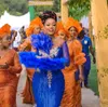 Luksusowy Royal Blue African Suknie Wieczorowe Syrenki Plus Rozmiar Długie Rękawy Aplikacje Aso Ebi Sum Prom Party Sukienka Sparkly Cekiny Aplikacje Specjalne okazje Suknie 2021