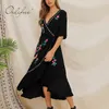 Sommer Boho Frauen Stickerei Lange Böhmische Rüschen Floral Gestickte Vintage Maxi Kleid Urlaub Kleidung 210415