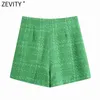 Kvinnor Mode Grön Färg Tweed Woolen Bermuda Shorts Kjolar Lady Side Zipper Chic Casual Slim Pantalone Cortos P1024 210416