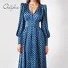 İlkbahar Sonbahar Kadın Polka Dot Saten Vintage Parlak Ipek Yarık Parti Midi Elbise 210415