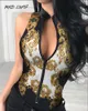 Zipper Front Baroque Print Sleeveless Bodysuit Women's Jumpsuits & Rompers