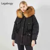 Lagabogy Winter Women White Duck Down Kurtka Grube Ciepłe Parki Kobiet Kieszonkowy Kieszonkowy Z Kapturem Wiatroodporny Ludowy Coat Real Raccoon Futro 211126