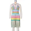 Sexig Fransed Bikini Cover-Ups Handgjorda Virkade Rainbow Backless Sommarklänning Tunika Kvinnor Baddräkt täcker upp A374 210420