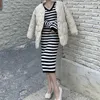 Kimutomo Vintage Striped stickad klänning Kvinnor V-Neck Slim High Waist Långärmad Klänningar Ladies Korea Chic Vår Höst 210521