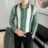 Erkek Casual Gömlek Yüksek Kalite Siyah / Yeşil Uzun Kollu Erkekler Giyim için Çizgili 2021 Basit Slim Fit Kulüp Balo Smokin Elbise 3XL-M