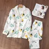 Kvinnors Sleepwear 100% Bomull Gauzze Soft Pajama Set Button Down Långärmad PJ Floral Pajama Set Höst Kvinna Pyjamas 210708