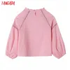 Mulheres Pink Hollow Out Bordado Colheita Romântica Manga Longa Chique Feminino Camisa Tops 6H23 210416