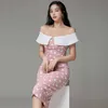 Verão rosa apertado vestido coreano senhoras sexy fora do ombro nightclub vestidos de festa midi para as mulheres 210602