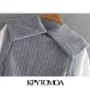 KPYTOMOA Kvinnor Fashion med bågbunden lapptäcke Loose Blueses Vintage långärmad elastisk trim kvinnlig skjortor Chic toppar 210401