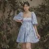 Vintage Floral Print Boho Beach Dress for Women Summer Puff Sleeve Mini Elegant Short De Mujer 210427
