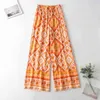 Foridol Bohemian Wide Leg Hosen Frauen Hohe Taille Kordelzug Strand Lange Hosen Hosen Blumendruck Orange Urlaub Baumwolle Hosen 210415