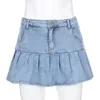 flicka ruffled pläterad stretch denim kjol kvinna mode sommar vintage sexig hög midja smal kort mini kjolar 210508