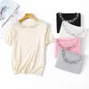Women O-neck Beading Sweater Summer Vintage Short Sleeved Pluuover Tops Ladies Basic Black Knitted Sweaters 210525