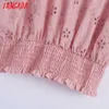 Tangada Frauen Sommer Rosa Aushöhlen Stickerei Geerntete Blusen Vintage Kurzarm Weibliche Tunika Shirts Chic Tops BE626 210609