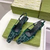 2022 Lyxig Kvinnors G Slingback Sandaler Pump Aria Slingback Skor presenteras i svart nät med kristaller Sparkling motiv Tillbaka Spänne Förslutning Storlek 35-41 KMAA0003