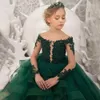Yeşil Uzun Kollu Dantel Çiçek Kız Elbise Düğün Parti Için Boncuklu Aplikler Tül Çocuklar İlk Communion Prenses Elbiseler Vaftiz Pageant Abiye