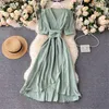 Women Summer Dresses Midi French Dress 2021 Sweet V-Neck Puff Sleeve High Waist Elegant Solid Woman Female Clothing Year Women's Swimwear