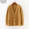 Single Breasted Casual Solid V-neck Knitted Sweater Women Cardigan Winter Loose Knitwear Outwear Jacket 10866 210417