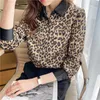 Koreańska koszula damska Szyfonowa bluzka dla kobiet z długim rękawem Kobieta Top Leopard Polo Neck Kobieta Podstawowa 210604