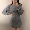 Dorywczo Bodycon Jesień Zima Mini Sukienka 3 Kolory Hollow Out Waist Sweter Sukienka Kobiety Elastyczne Twist Dzianiny Koreański Ubrania 12103 210527