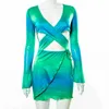 MHCMBSBS Sexig Tie Dye Bodycon Mini Dres Hollow Out Långärmad Mesh Skinny Club Outfits Summer Beach Party Sundress 210719
