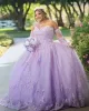 Lilás quinceanera vestida fora do ombro tule espartilho de volta laço applique frisado frisado mangas compridas personalizadas feita princesa doce 16 concurso vestido de baile vestidos