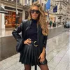 Faux Leather PU Blazer Jaqueta Mulheres Vintage StreetStyle Black Dupla Breasted Bolsos Do Faux Casaco Outono Inverno Top 210415