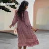 Bohemian Gedrukt V-hals Chiffon Vrouwen Lange Mouw Ruches Strand Jurk Elegant Een lijn Zomer Casual Midi Jurken 210413