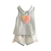 Girls Clothes Summer 2-10T Years Old Kids Embroidery Lovely Flower Heart Vest T Shirt+Shorts Lace Denim Blue 2 Piece Sets 210701