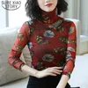 Funda larga de otoño Impresión de manga larga Camisa Mujer Elástica Plus Tamaño Tops Red Turtleneck Blusas Femininas Elegante 5667 50 210417