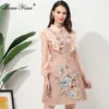 Projektant mody Lato Vintage Sukienka Kobiet Koronki Łączenie Z Długim Rękawem Frezowanie Kwiatowe Drukuj Krótki Jacquard 210524